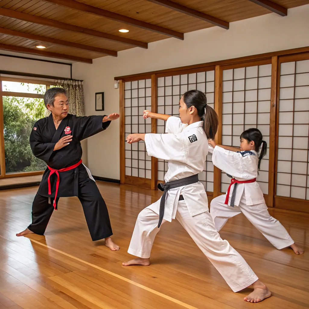 The Kim family practicing martial arts